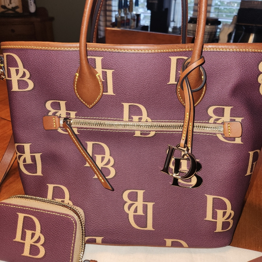 Dooney & Bourke Purple and Tan Logo Tote